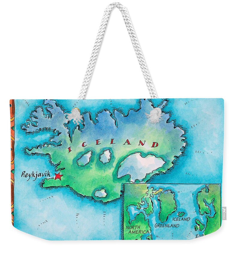 Watercolor Painting Weekender Tote Bag featuring the digital art Map Of Iceland by Jennifer Thermes
