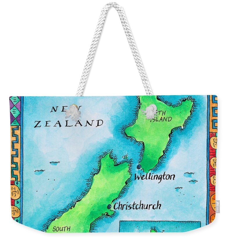 Watercolor Painting Weekender Tote Bag featuring the digital art Map Of New Zealand by Jennifer Thermes