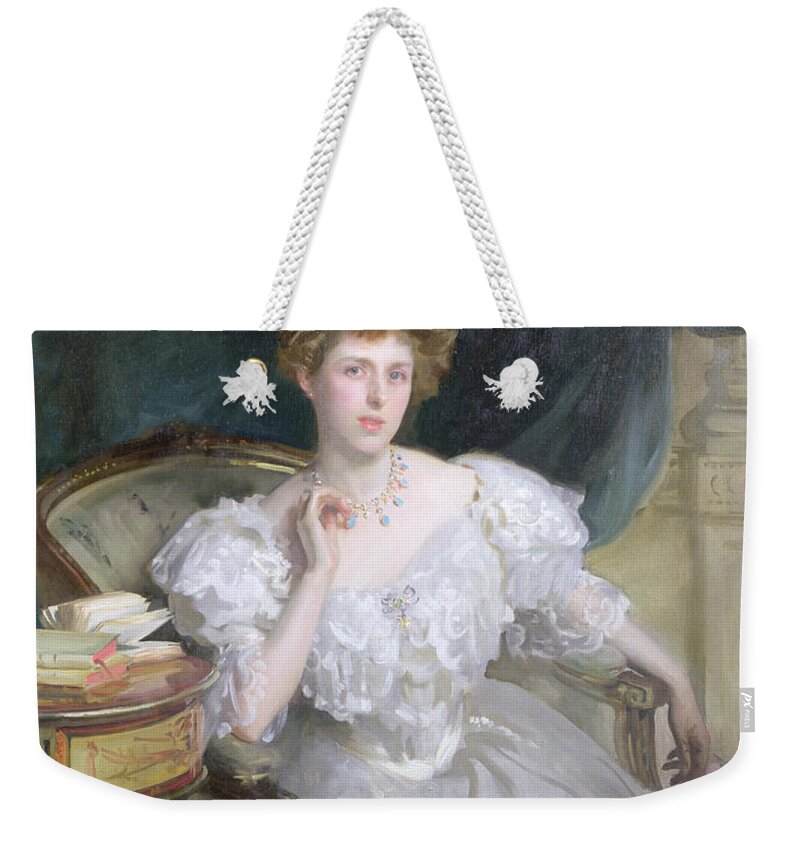 Margherita Goldsmid Weekender Tote Bag featuring the painting Margherita Goldsmid, later Mrs Raphael by John Singer Sargent