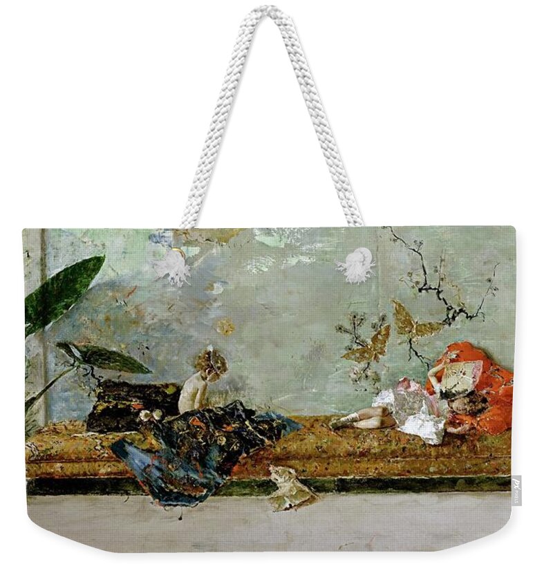 Maria Fortuny Weekender Tote Bag featuring the painting Mariano Fortuny Marsal 'The painter's children, Maria Luisa and Mariano, in the Japanese Room',1874. by Mariano Fortuny y Marsal -1838-1874-