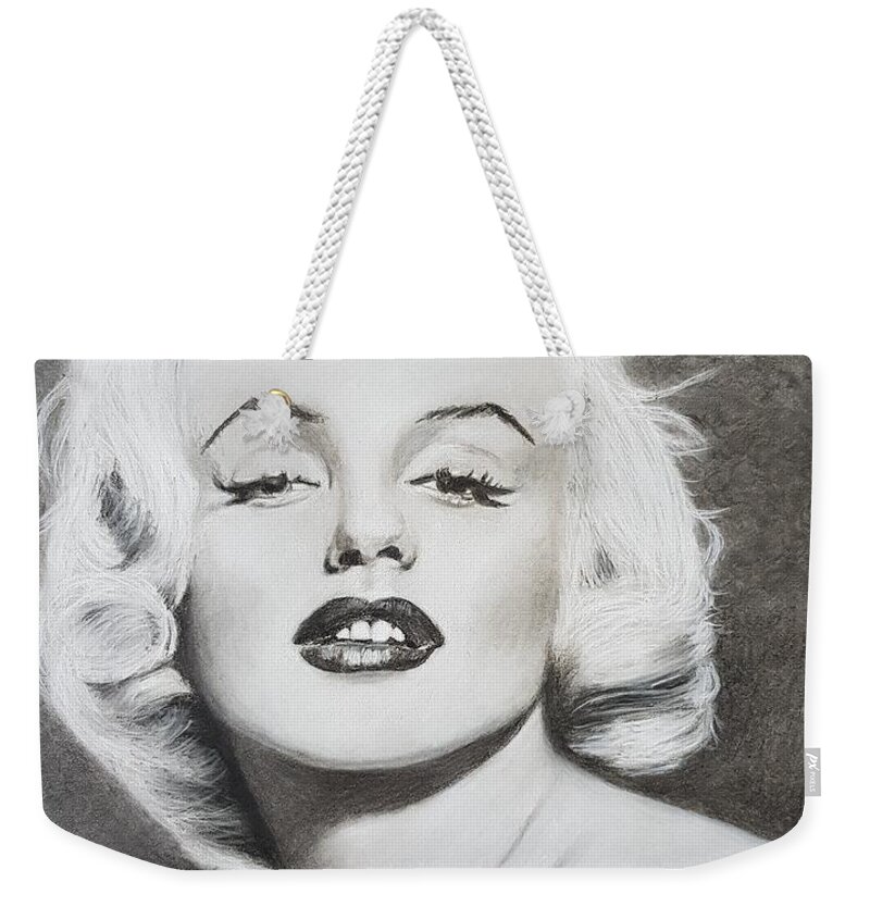 Marilyn Monroe Weekender Tote Bag featuring the drawing Marilyn Monroe by Cassy Allsworth
