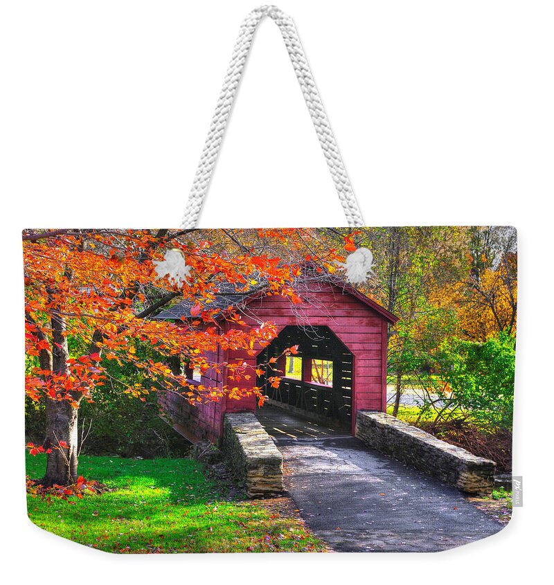 Carroll Creek Covered Bridge Weekender Tote Bag featuring the photograph Maryland Country Roads - Baker Park, Carroll Creek Covered Bridge - Frederick Maryland by Michael Mazaika