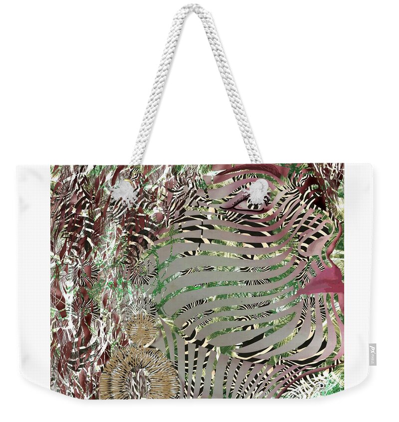 Mask Weekender Tote Bag featuring the mixed media Mask What Hides 1 by Joan Stratton
