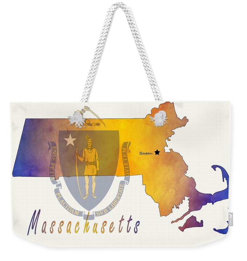 Art & Collectibles Weekender Tote Bag featuring the painting Massachusetts Watercolor Map Style 2 by Greg Edwards