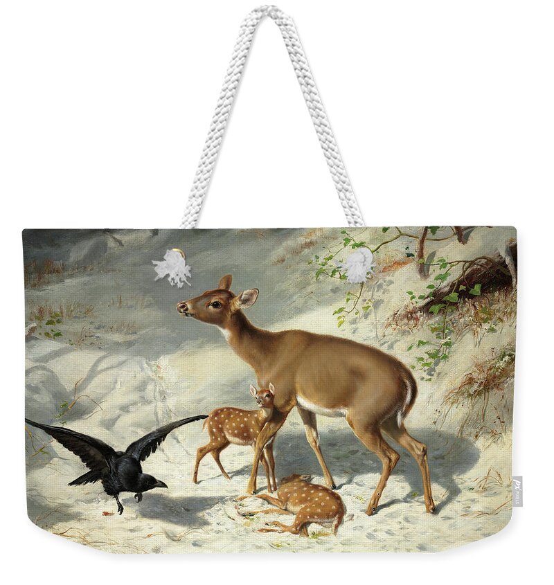 Arthur Fitzwilliam Tait Weekender Tote Bag featuring the painting Maternal Solicitude, 1873 by Arthur Fitzwilliam Tait