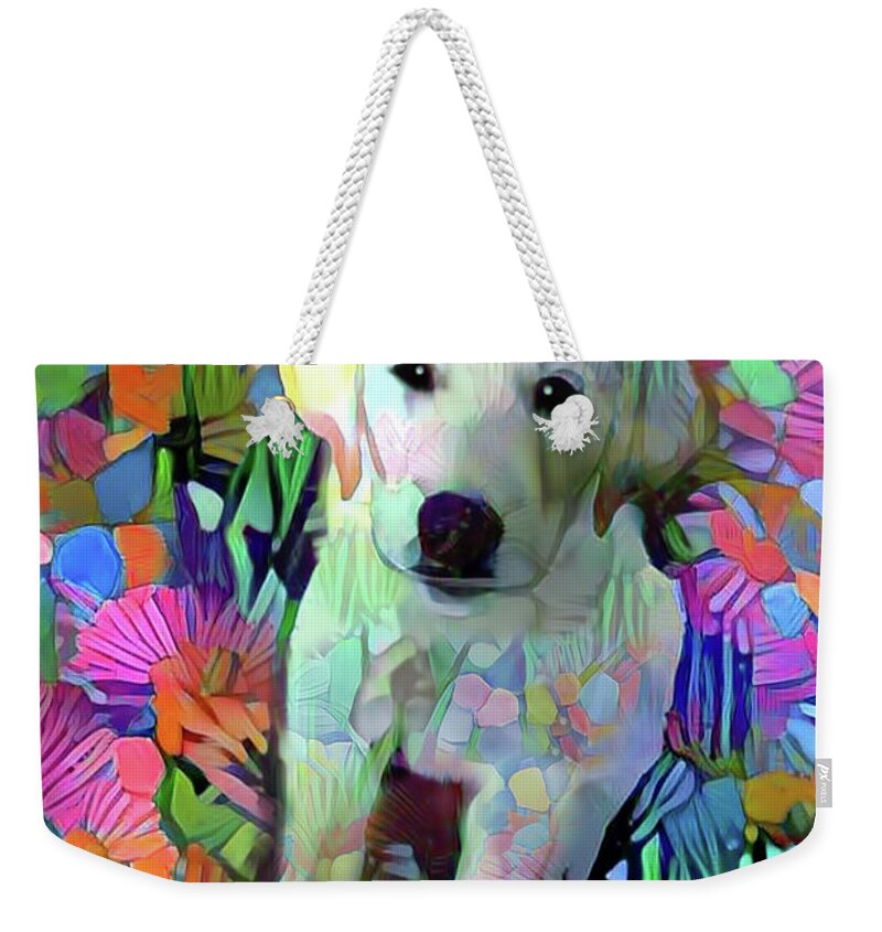 Great Pyrenees Weekender Tote Bag featuring the digital art Max in the Garden by Peggy Collins