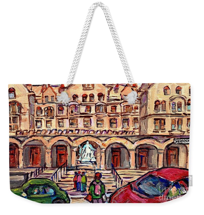 Mcgill University Weekender Tote Bag featuring the painting Mcgill University Strathcona Music Building Painting Queen Victoria Statue Sherbrooke C Spandau Art by Carole Spandau