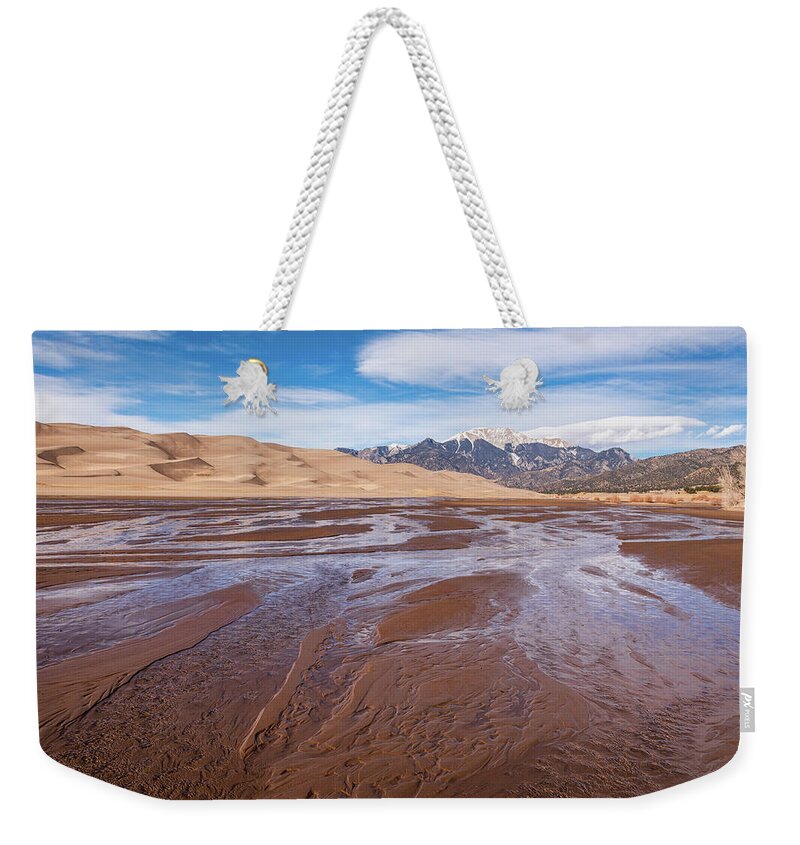 National Parks Weekender Tote Bag featuring the photograph Medano Creek and Sand Dunes by Brenda Jacobs