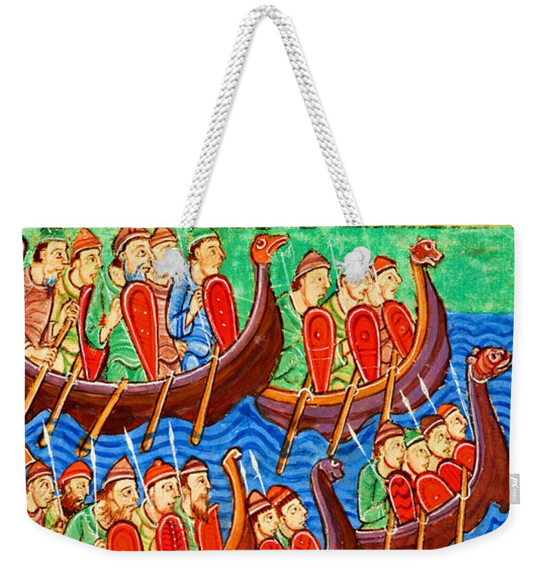 Vikings Weekender Tote Bag featuring the painting Medieval Viking Invasion by Sea from the Life and miracles of st edmund 12th century by Peter Ogden