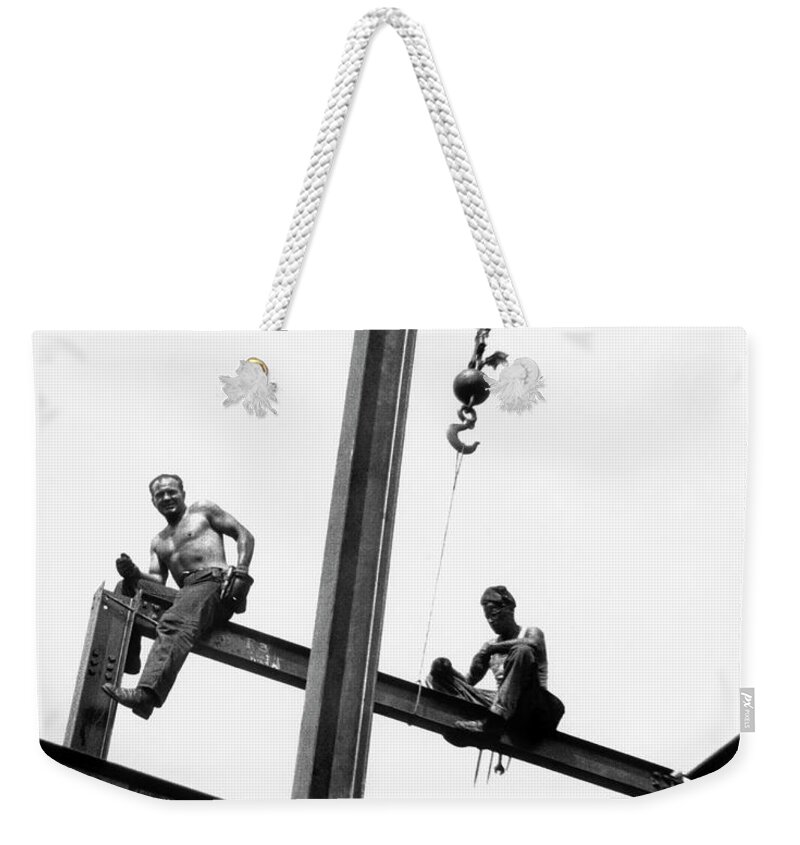 1950-1959 Weekender Tote Bag featuring the photograph Men At Construction Site by George Marks