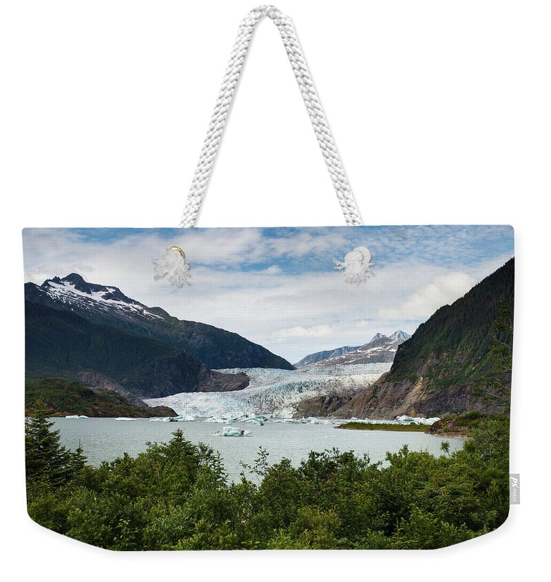Water's Edge Weekender Tote Bag featuring the photograph Mendenhall Glacier And Bay by Blake Kent / Design Pics