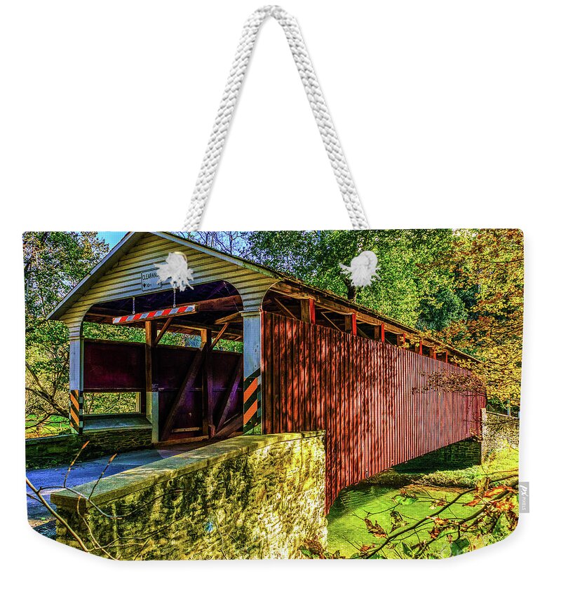 Lancaster Weekender Tote Bag featuring the photograph Mercer's Ford Covered Bridge by Nick Zelinsky Jr