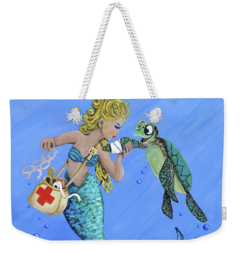 Coastal Weekender Tote Bag featuring the painting Mermaid Nurse by Donna Tucker