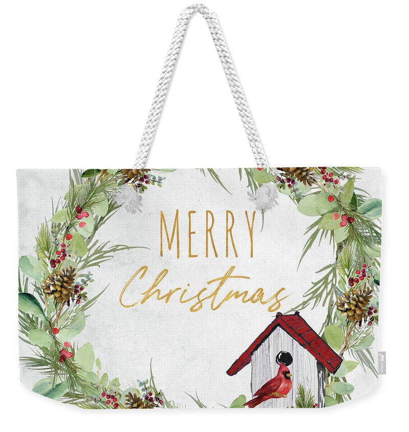 Wreath Weekender Tote Bag featuring the painting Merry Christmas Wreath And Bird House by Lanie Loreth