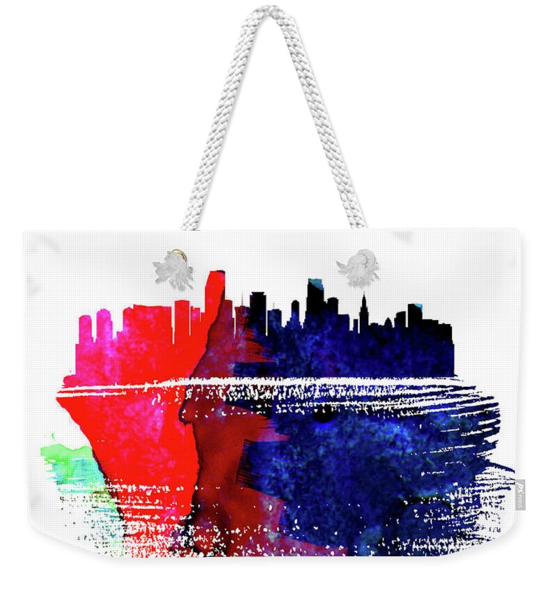 Miami Weekender Tote Bag featuring the mixed media Miami Skyline Brush Stroke Watercolor  by Naxart Studio