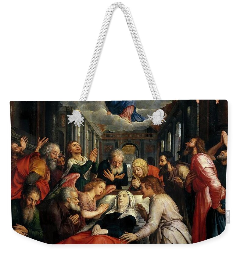 Michiel Coxie Weekender Tote Bag featuring the painting Michiel I Coxie / 'La Muerte de la Virgen y la Asuncion', Before 1550, Flemish School. VIRGIN MARY. by Michiel Coxie -1499-1592-