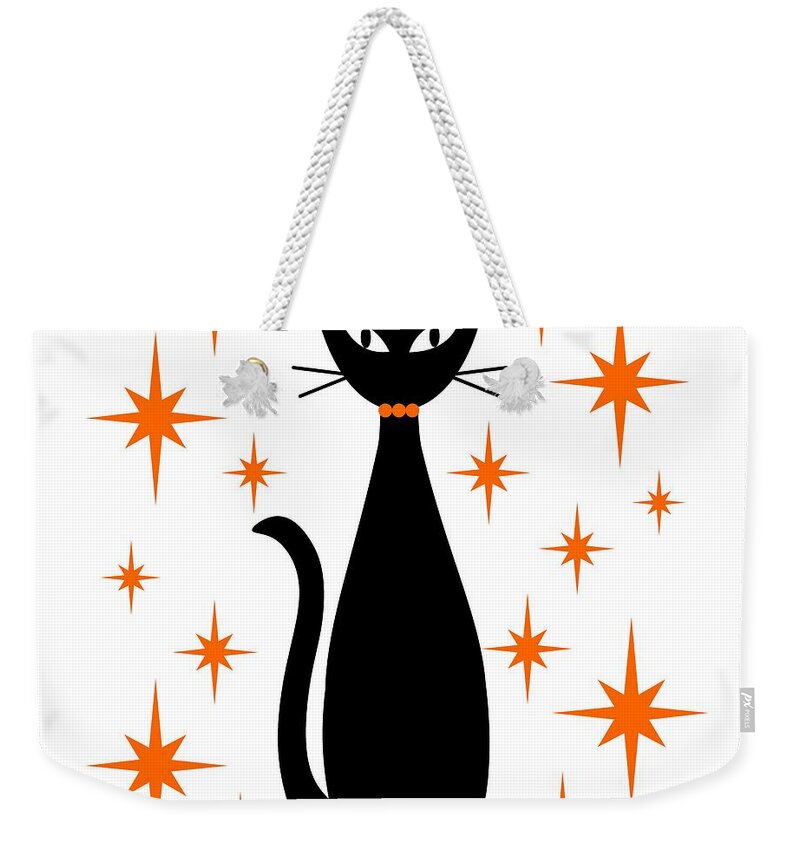 Mid Century Modern Weekender Tote Bag featuring the digital art Mid Century Cat with Orange Starbursts by Donna Mibus