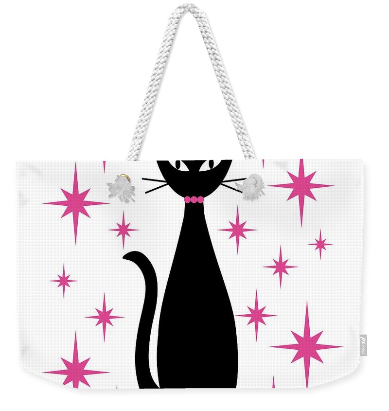 Mid Century Modern Weekender Tote Bag featuring the digital art Mid Century Cat with Pink Starbursts by Donna Mibus