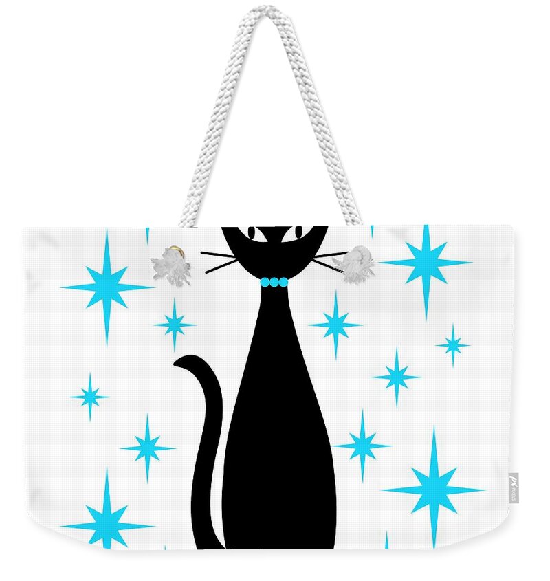 Mid Century Modern Weekender Tote Bag featuring the digital art Mid Century Cat with Turquoise Starbursts by Donna Mibus