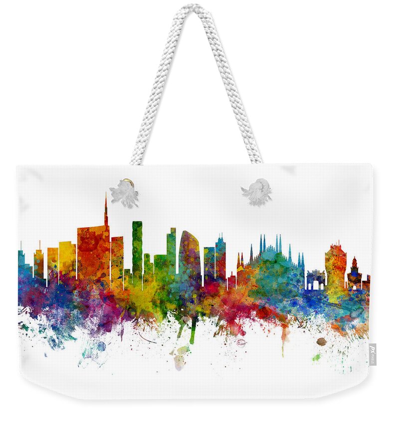 Milan Weekender Tote Bag featuring the digital art Milan Italy Skyline inc Duomo by Michael Tompsett
