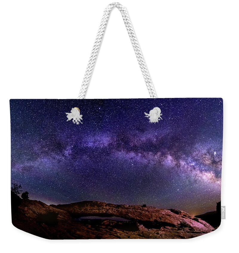 Mesa Weekender Tote Bag featuring the photograph Milky Way at Mesa Arch by Kenneth Everett