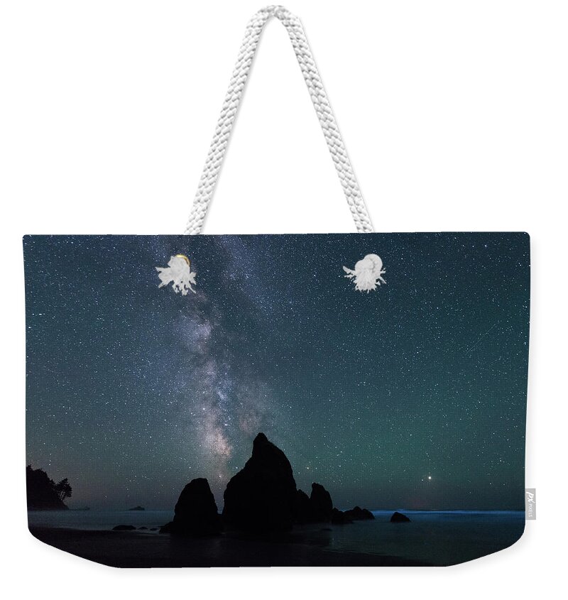 Outdoor; Beach; Night; Stars; Milky Way; Sea Stacks; Rudy Beach; Pacific Coast; Relections; Bioluminescence; Bioluminescent Plankton; Blue; Weekender Tote Bag featuring the digital art Milky Way at Ruby Beach, Olympic National Park by Michael Lee