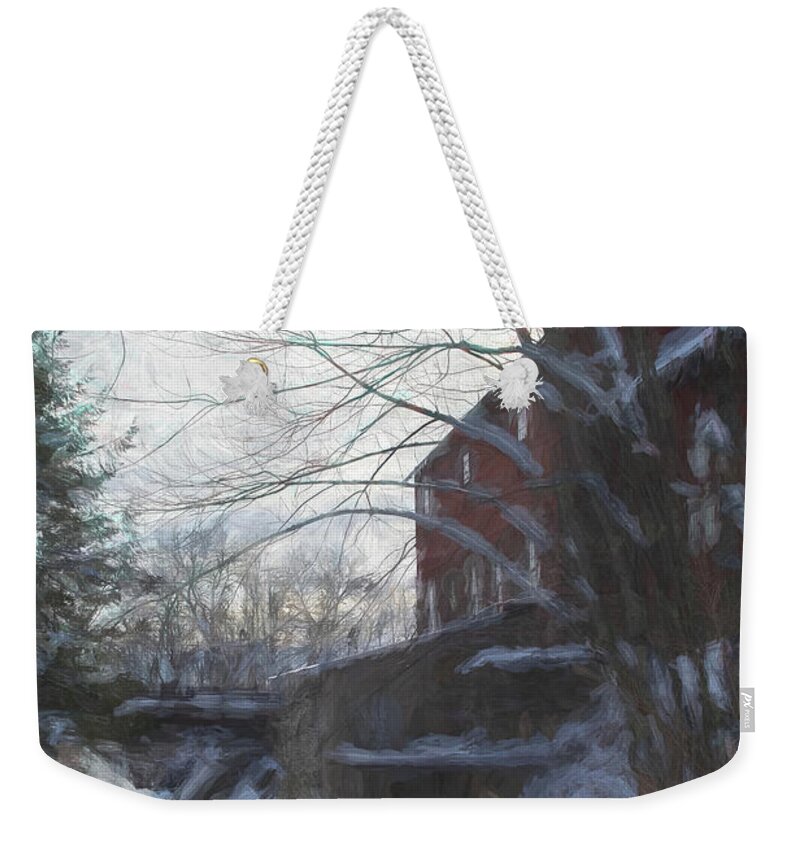 New England Mill Weekender Tote Bag featuring the photograph Mill on Brown River in Jericho Vermont by Jeff Folger