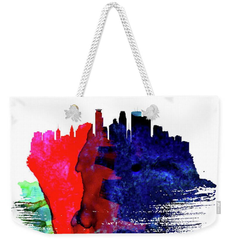 Minneapolis Weekender Tote Bag featuring the mixed media Minneapolis Skyline Brush Stroke Watercolor  by Naxart Studio