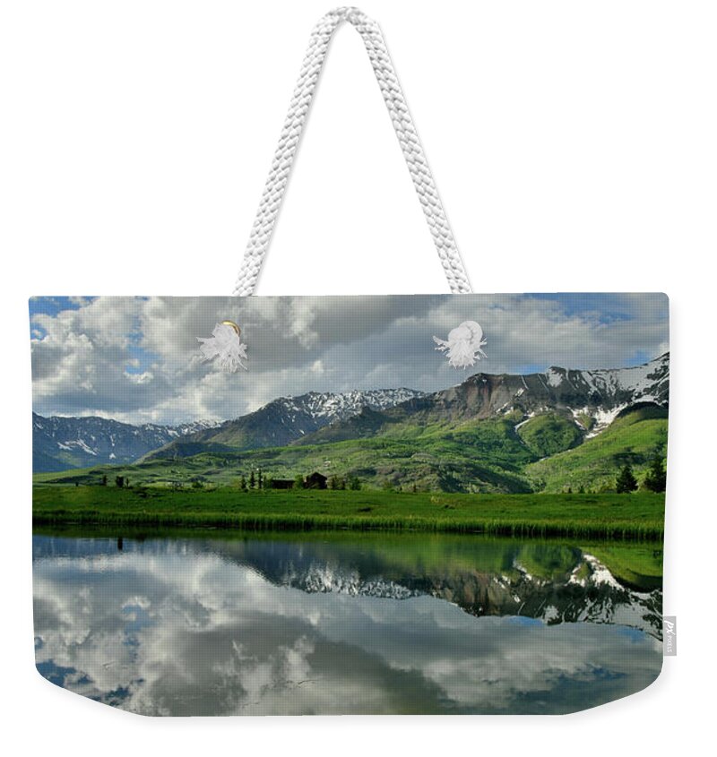 Colorado Weekender Tote Bag featuring the photograph Mirror Image at Mountain Village Colorao by Ray Mathis
