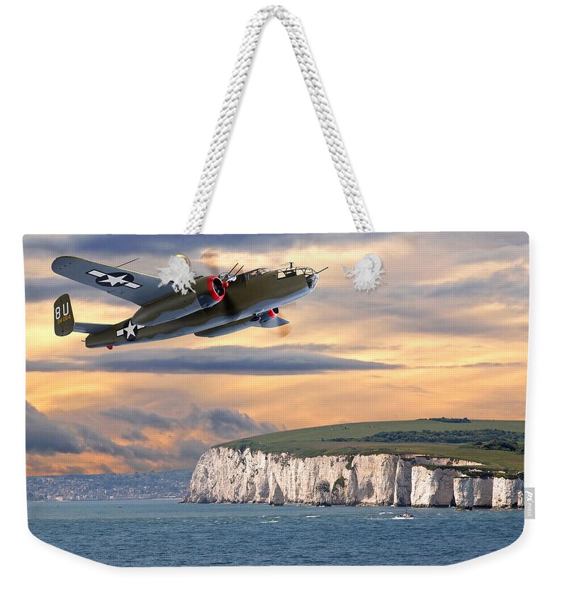 Aviation Weekender Tote Bag featuring the photograph Mission Complete B-25 Over White Cliffs Of Dover by Gill Billington