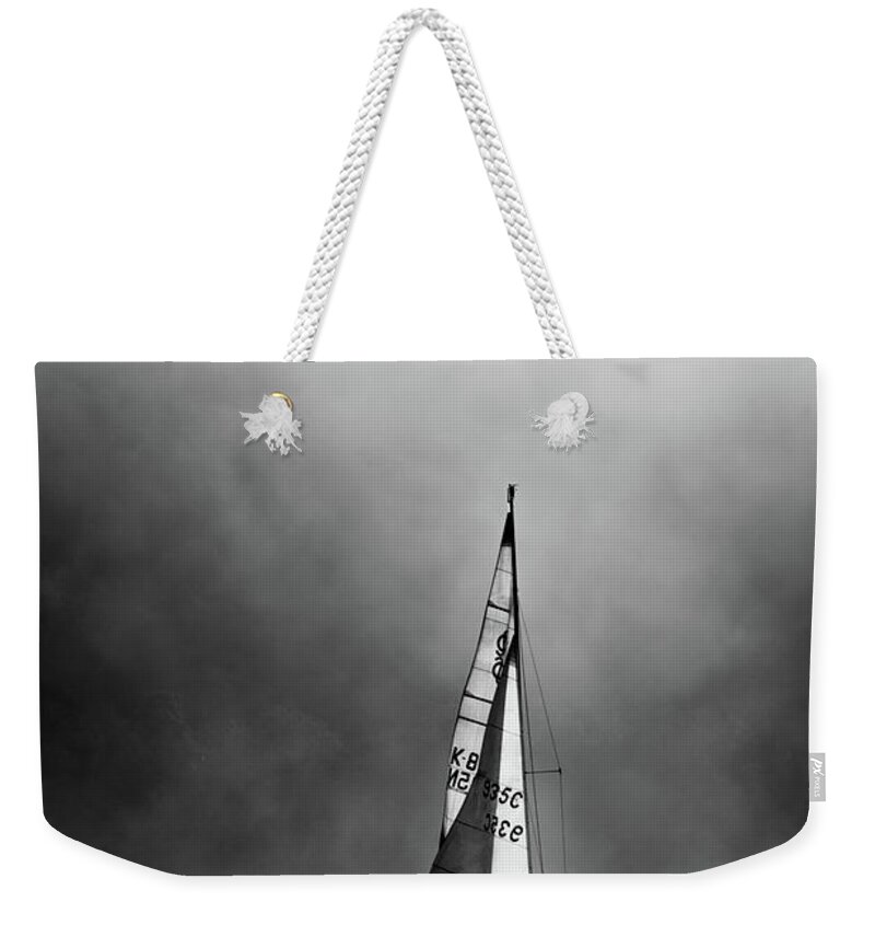 Mist Weekender Tote Bag featuring the photograph Mist rising and sail boat, Coniston Water - Portrait by Anita Nicholson