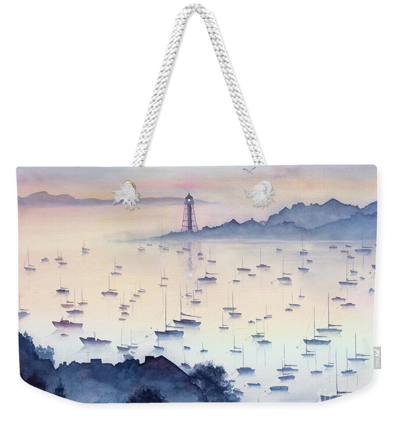 Misty Sunrise Marblehead Harbor Weekender Tote Bag featuring the painting Misty Sunrise Marblehead Harbor by Michelle Constantine
