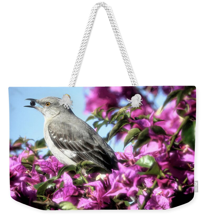 Mockingbird Weekender Tote Bag featuring the photograph Mockingbird in the Bougainvillea by Donna Kennedy