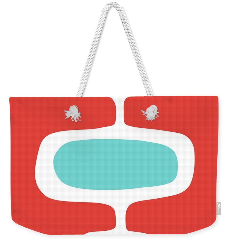 Mid Century Modern Weekender Tote Bag featuring the digital art Mod Pod 1 Turquoise on Red by Donna Mibus