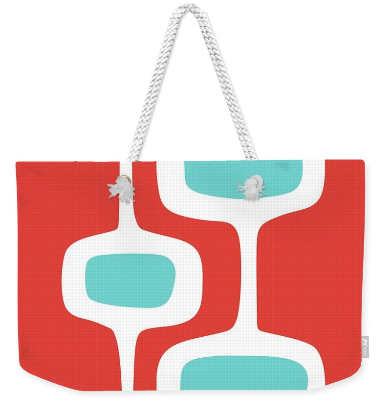 Mid Century Modern Weekender Tote Bag featuring the digital art Mod Pod 2 Turquoise on Red by Donna Mibus