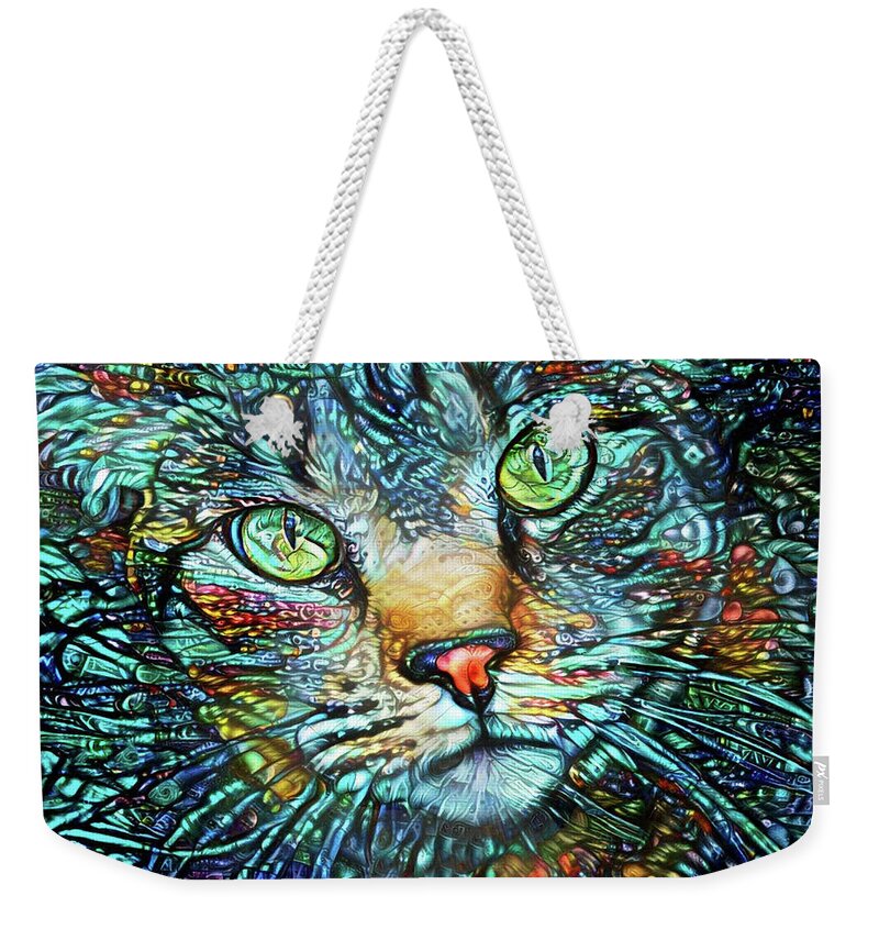 Tabby Cat Weekender Tote Bag featuring the digital art Moe the Colorful Tabby Cat by Peggy Collins