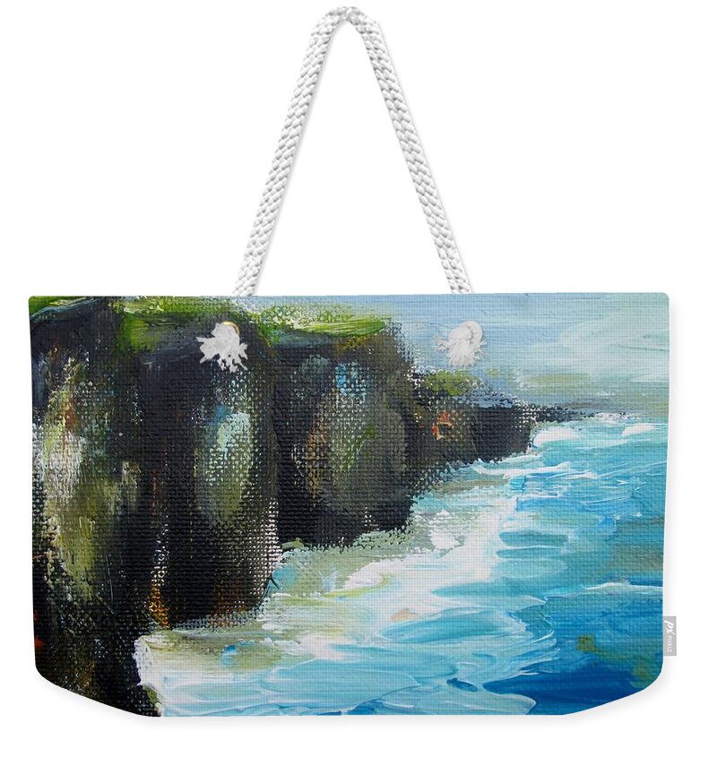 Cliffs Of Moher Weekender Tote Bag featuring the painting Painting Of Jmoher Cliffs Ireland by Mary Cahalan Lee - aka PIXI