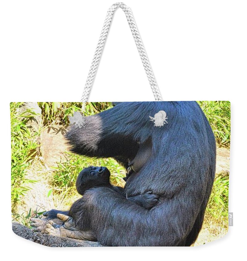 Momma Gorilla With Her Baby Weekender Tote Bag featuring the photograph Momma Gorilla With Her Baby by Lisa Wooten