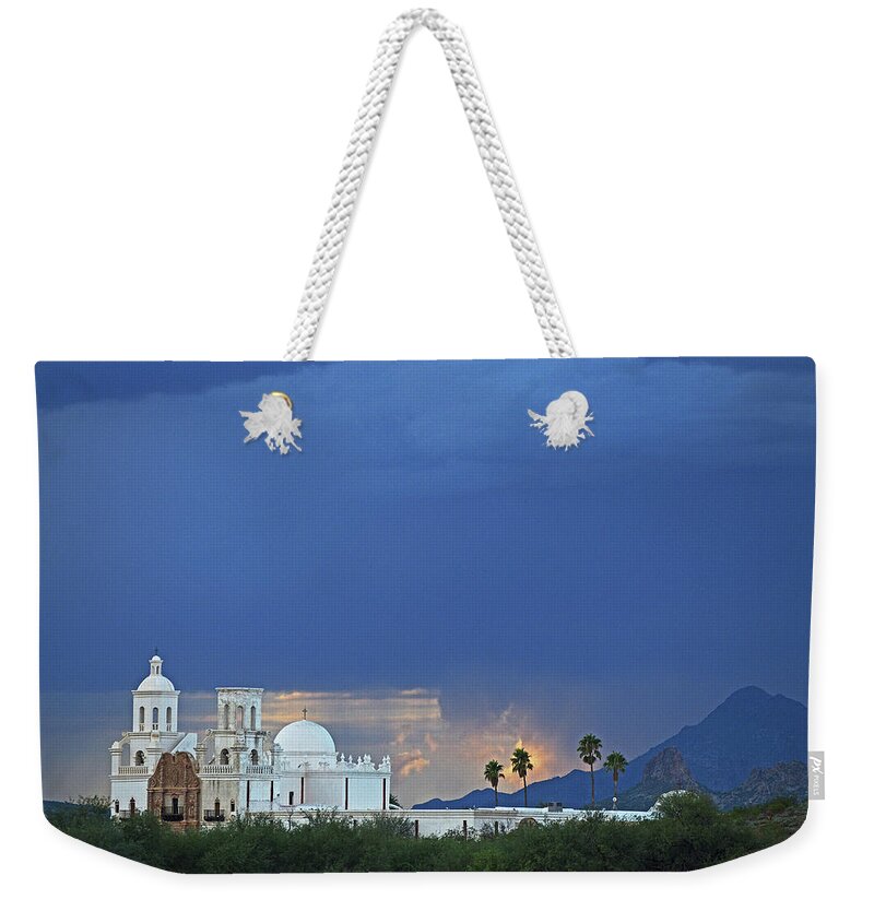 San Xavier Del Bac Mission Weekender Tote Bag featuring the photograph Monsoon Skies over the Mission by Chance Kafka