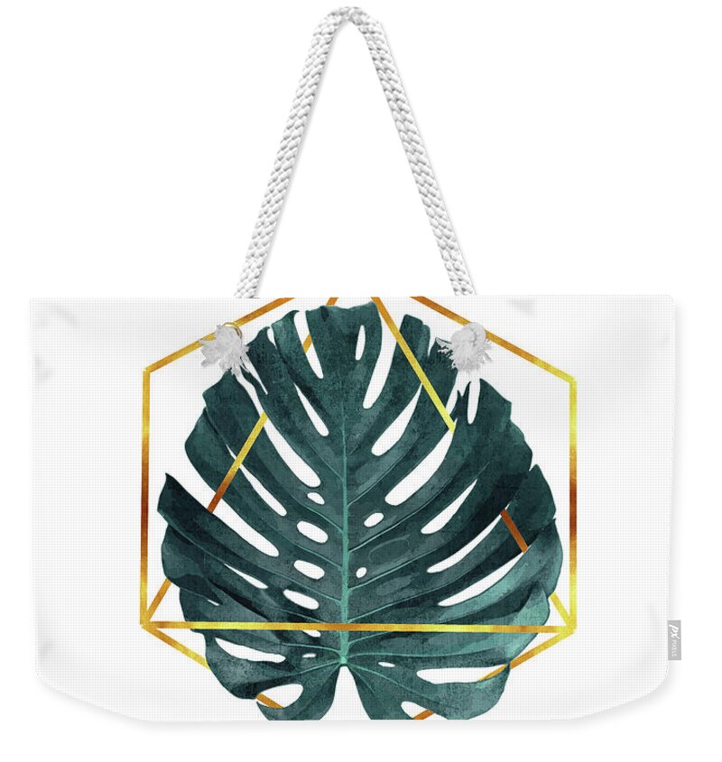 Monstera Weekender Tote Bag featuring the mixed media Monstera Leaf Pattern 3 - Tropical Leaf Pattern - Blue, Navy- Gold Geometric Shape - Modern, Minimal by Studio Grafiikka