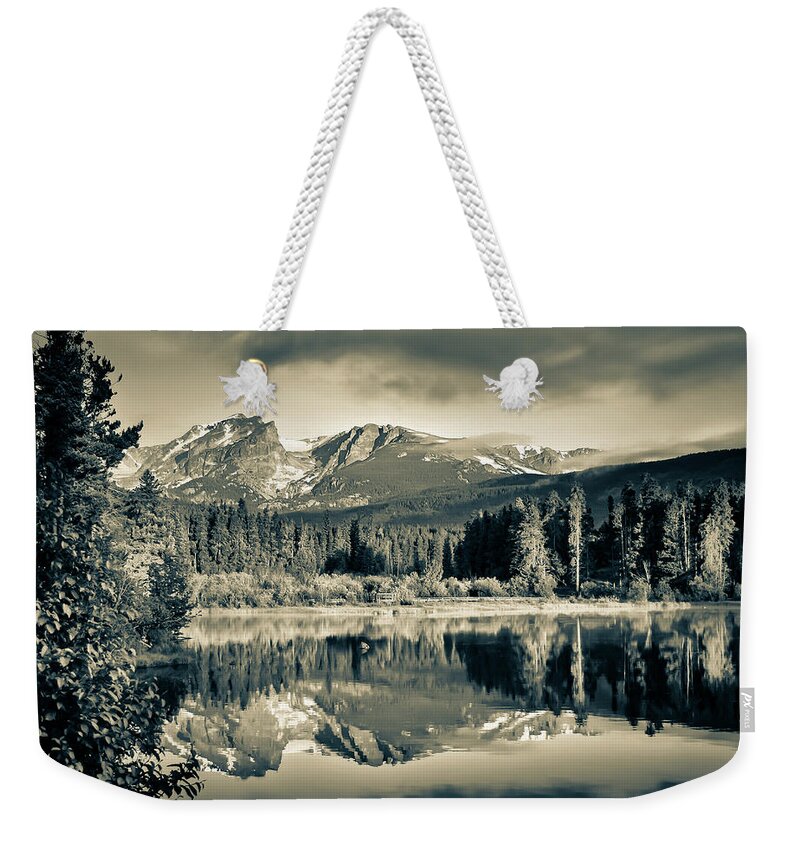 America Weekender Tote Bag featuring the photograph Moody Rocky Mountain Landscape at Sprague Lake - RMNP Sepia by Gregory Ballos