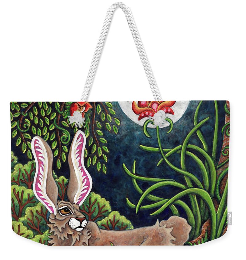 Hare Weekender Tote Bag featuring the painting Moon Gazing Hare 2 by Amy E Fraser