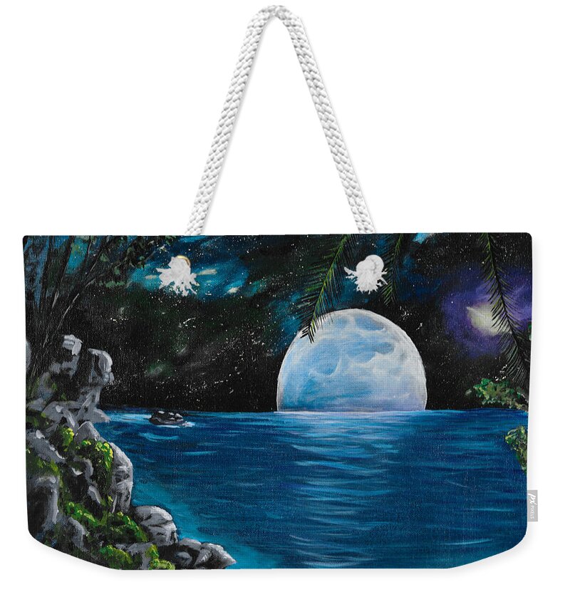 Blue Moon Weekender Tote Bag featuring the painting Moon light Island by David Bigelow