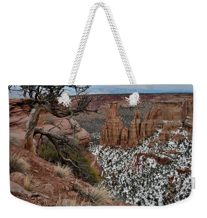 Colorado National Monument Weekender Tote Bag featuring the photograph Moon Rising over Grand View Point in Colorado National Monument by Ray Mathis