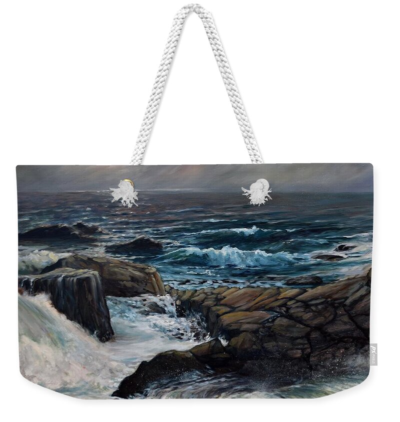 Ocean Weekender Tote Bag featuring the painting Moonlight At The Shore by Eileen Patten Oliver