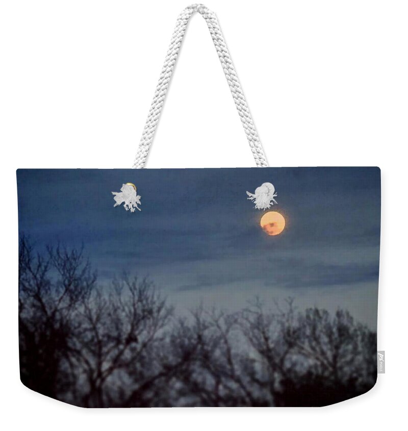 Daniel Weekender Tote Bag featuring the painting Moonrise and Trees by Daniel Nelson