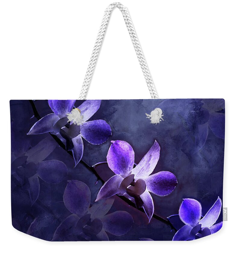 Orchids Weekender Tote Bag featuring the digital art Moonrise on Purple Orchids by J Marielle