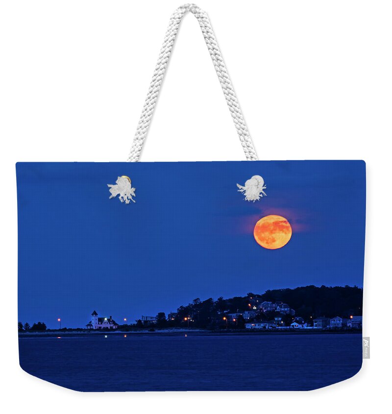 Nahant Weekender Tote Bag featuring the photograph Moonrise over Nahant from Revere Beach Nahant MA by Toby McGuire