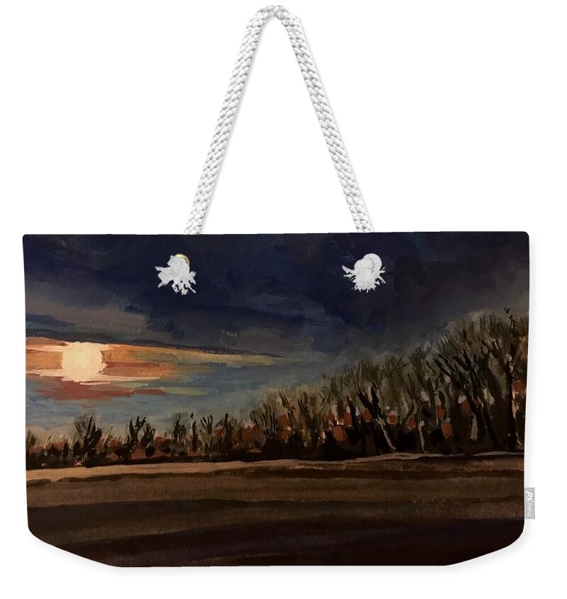 Moon Weekender Tote Bag featuring the painting Moonset study by Les Herman