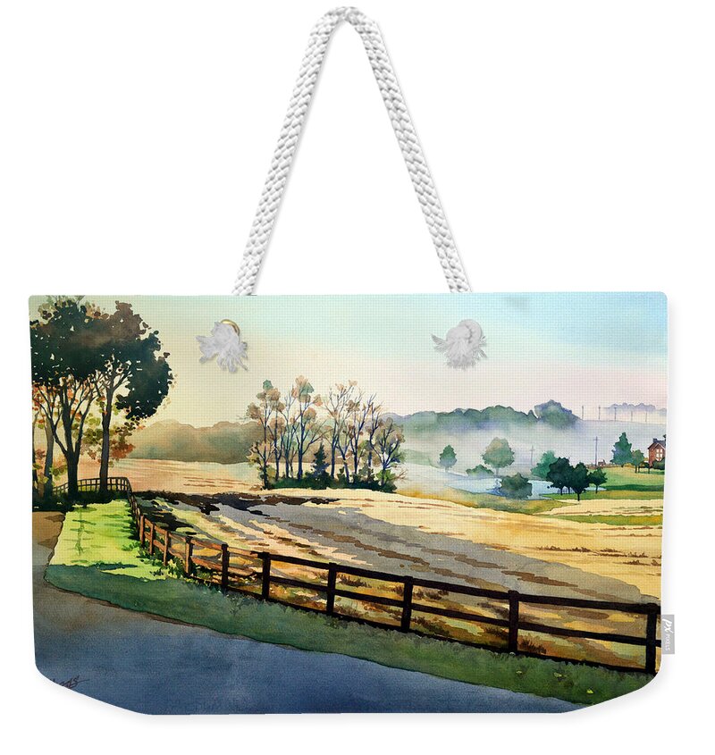 #landscape #watercolor #painting #farm #farmlife #watercolorpainting #morning #country #rural Weekender Tote Bag featuring the painting Morning Fog Rolls Away by Mick Williams